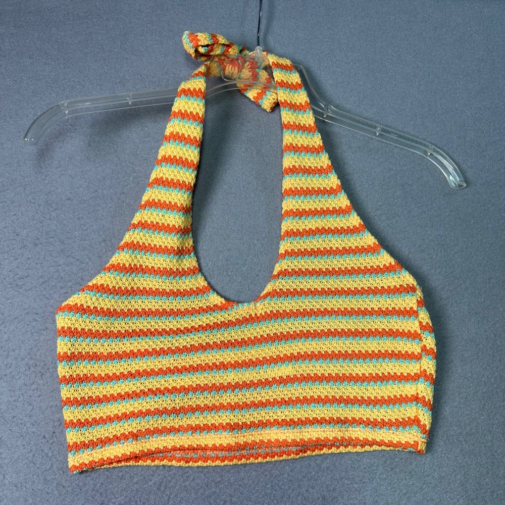 Double‎ Zero Y2K Orange Yellow Striped Halter Crop Top Spicy Small Boho Summer